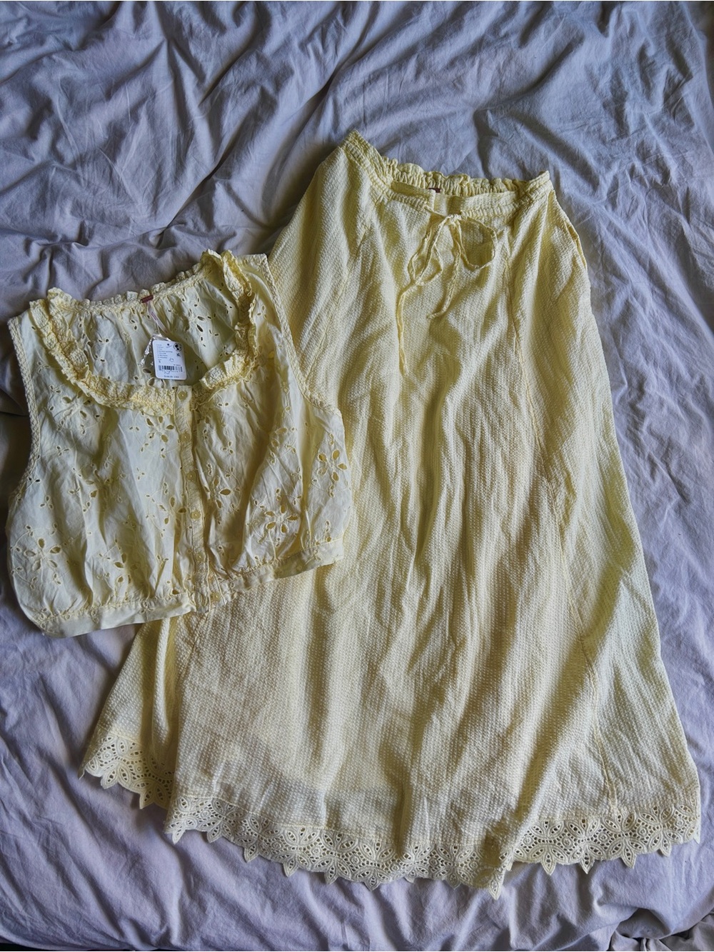 Free People Butter Yellow Eyelet Two-Piece Set - Top & Skirt